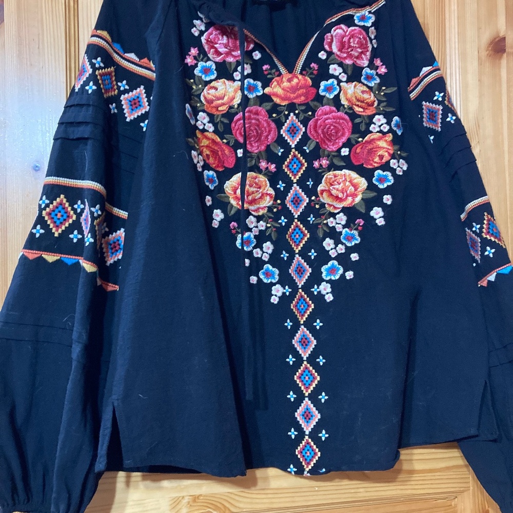Embroidered Floral Black Women's Top